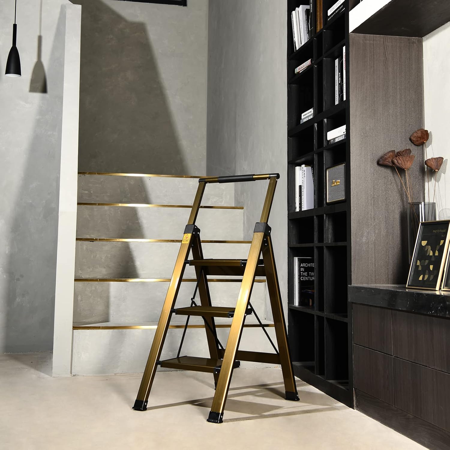 3 Step Ladder, Aluminum Step Stool with Retractable Handrail | 330 lbs Heavy Duty | Lightweight | Extra Wide Anti-Slip Pedals | Slim 2.5" Fold for Kitchen, Closet & Pantry