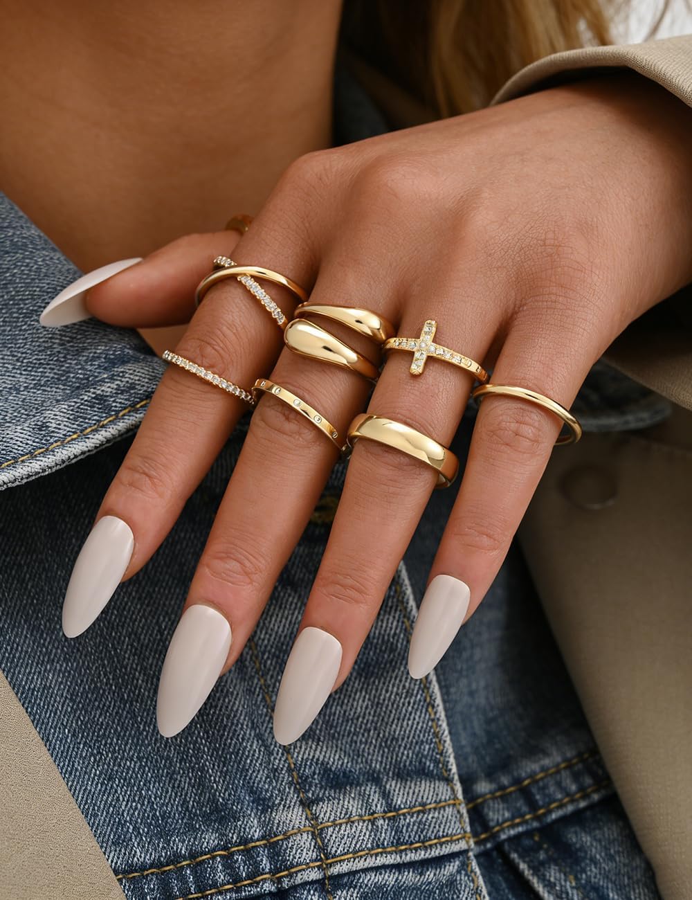 iF YOU Non Tarnish Chunky Gold Rings for Women, 14K Gold Plated Dainty Stackable Cross Cubic Zirconia Ring Set, Knuckle Stacking Pinky Thumb Ring Statement Wedding Bands Jewelry Size 4.5-10