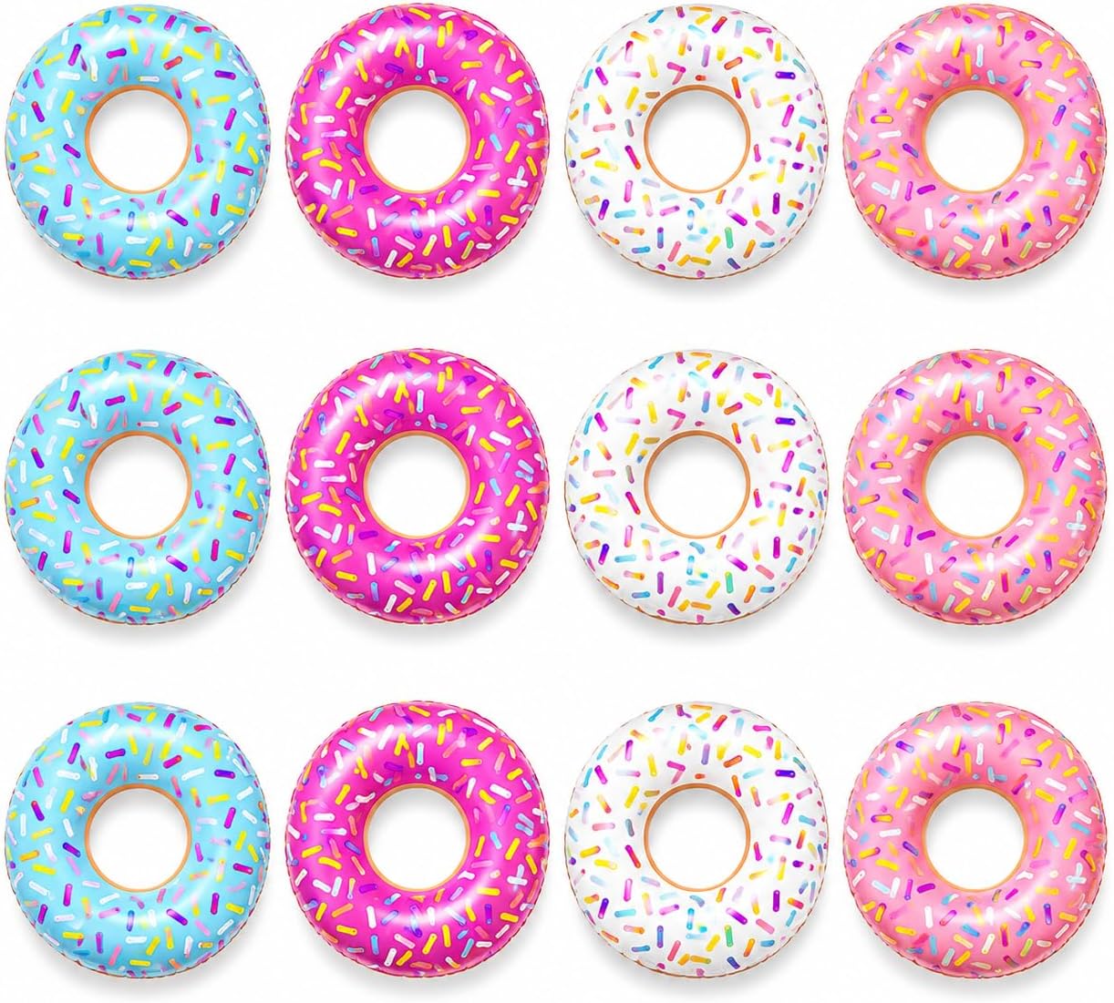 4-Count Donut Inflate 18" Inches, Tube Inflates, Colorful Inflatable Donut Tubes in Assorted Designs, Donut Birthday Party Decorations Supplies, Durable Water Pool Toys Party Favors (4-Pack)