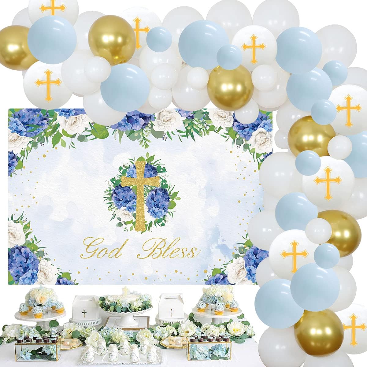 Blue First Holy Communion Decorations Baptism Party Decorations Baby Boy Includes God Bless Backdrop Christening Balloon Arch Kit Blue White Gold for Christening Party Decorations Indoor Outdoor