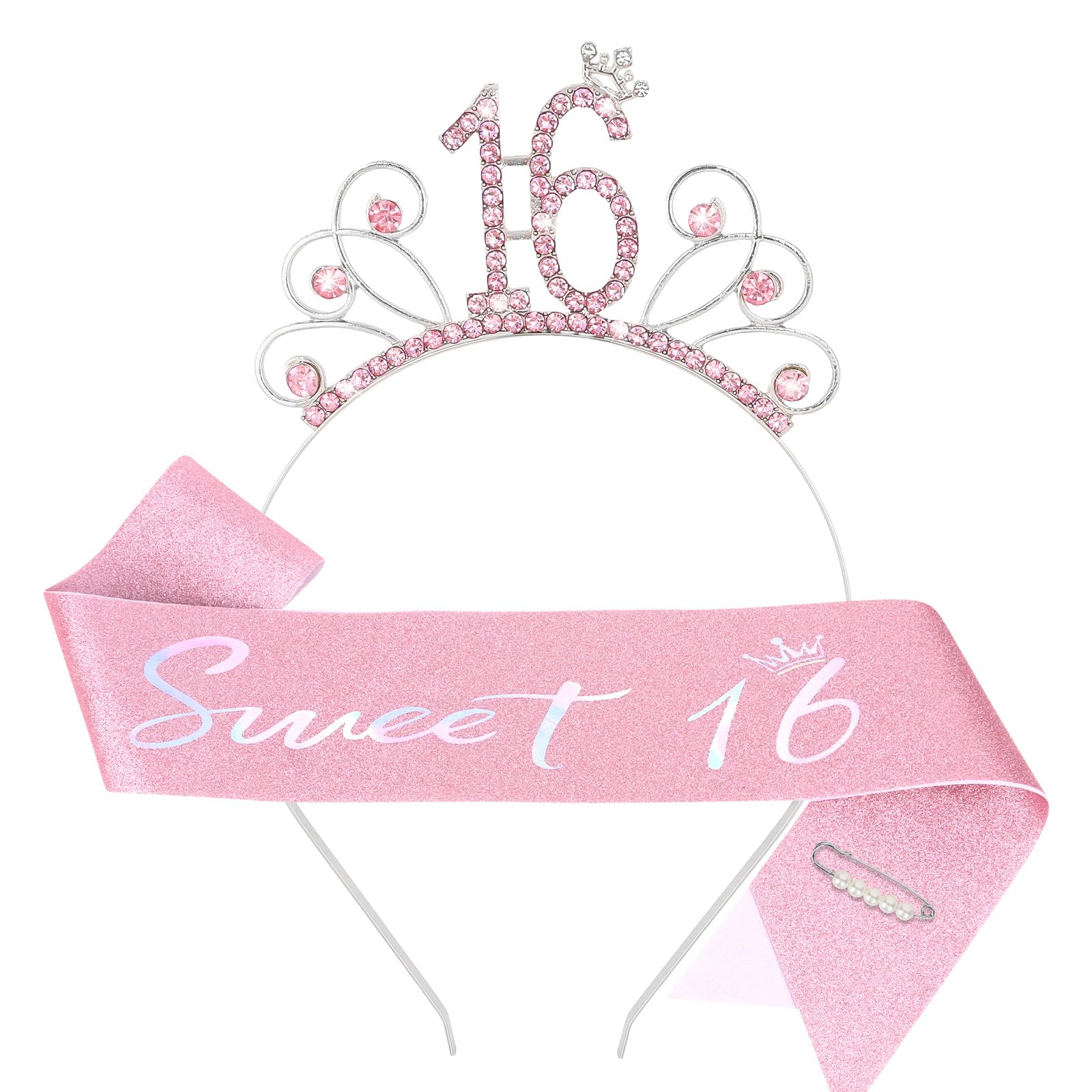 YARIEW Sweet 16 Birthday Sash Headband, 16th Birthday Crown and Sash, Pink