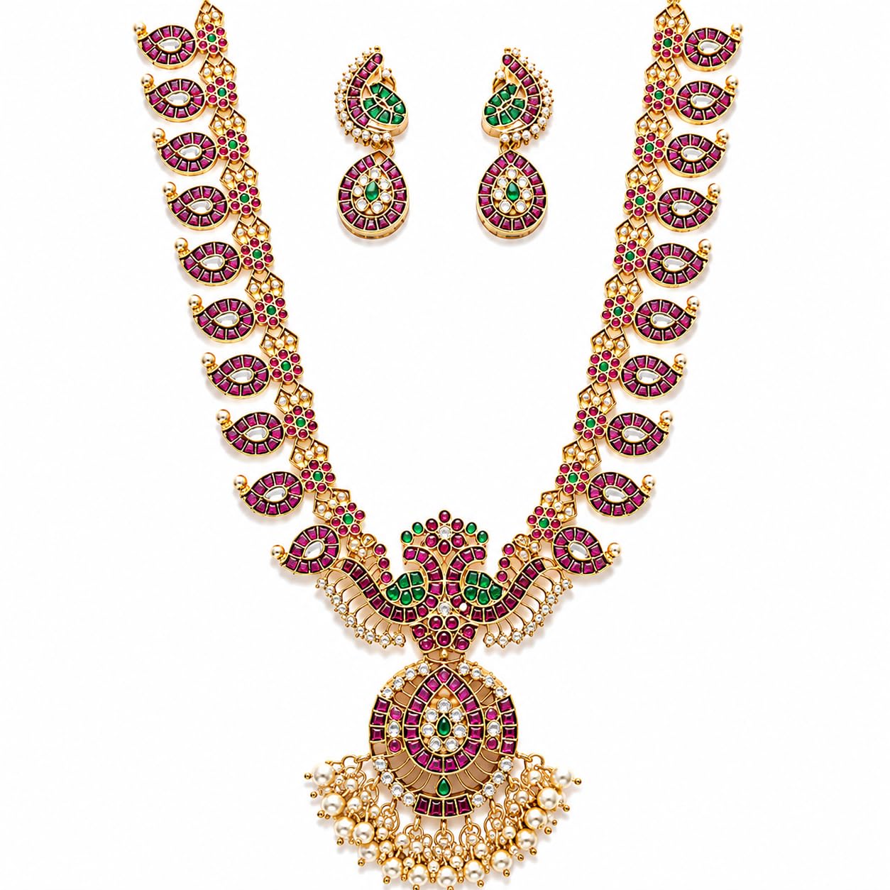 traditional temple jewellery long haram necklace set for women | antique gold plated peacock pendant long necklace with matching earrings | ruby green stone south indian bridal wedding jewellery
