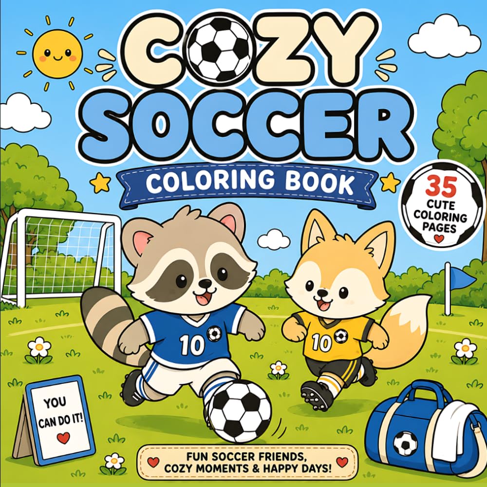 COZY SOCCER COLORING BOOK: 35 CUTE COLORING PAGES | Cute Animal Soccer Scenes for Kids, Teens & Adults to Relax, Unwind and Enjoy Cozy Coloring Fun