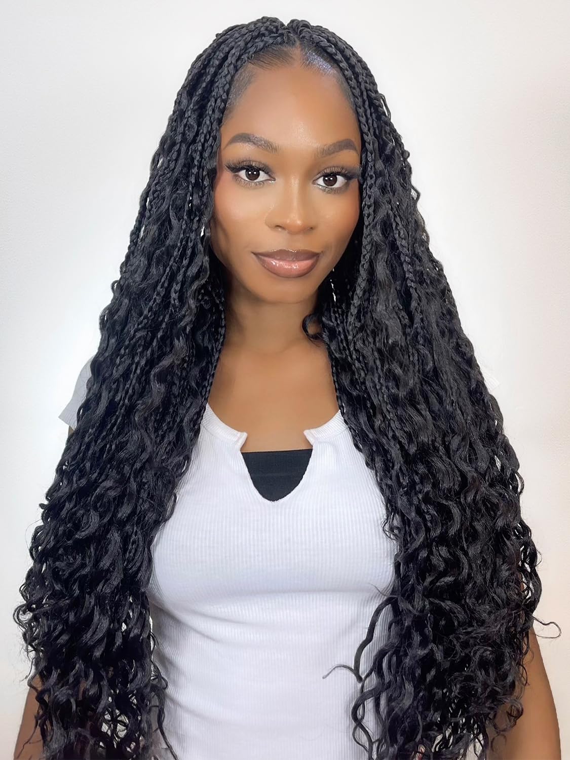 Boho Crochet Hair for Black Women 18 Inch Boho Crochet Braids Pre Looped 7 Packs Goddess Box Braids Bohemian Style Hair Extensions with Curly Ends, 1B