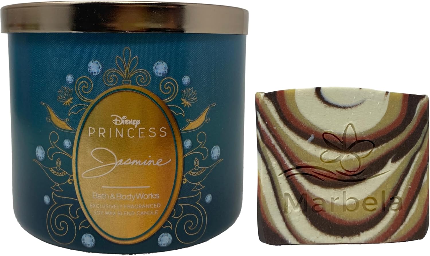 Bath & Body Works Limited Edition Princess Collection Jasmine 3-Wick Candle with a Clay Baby Bar Soap.