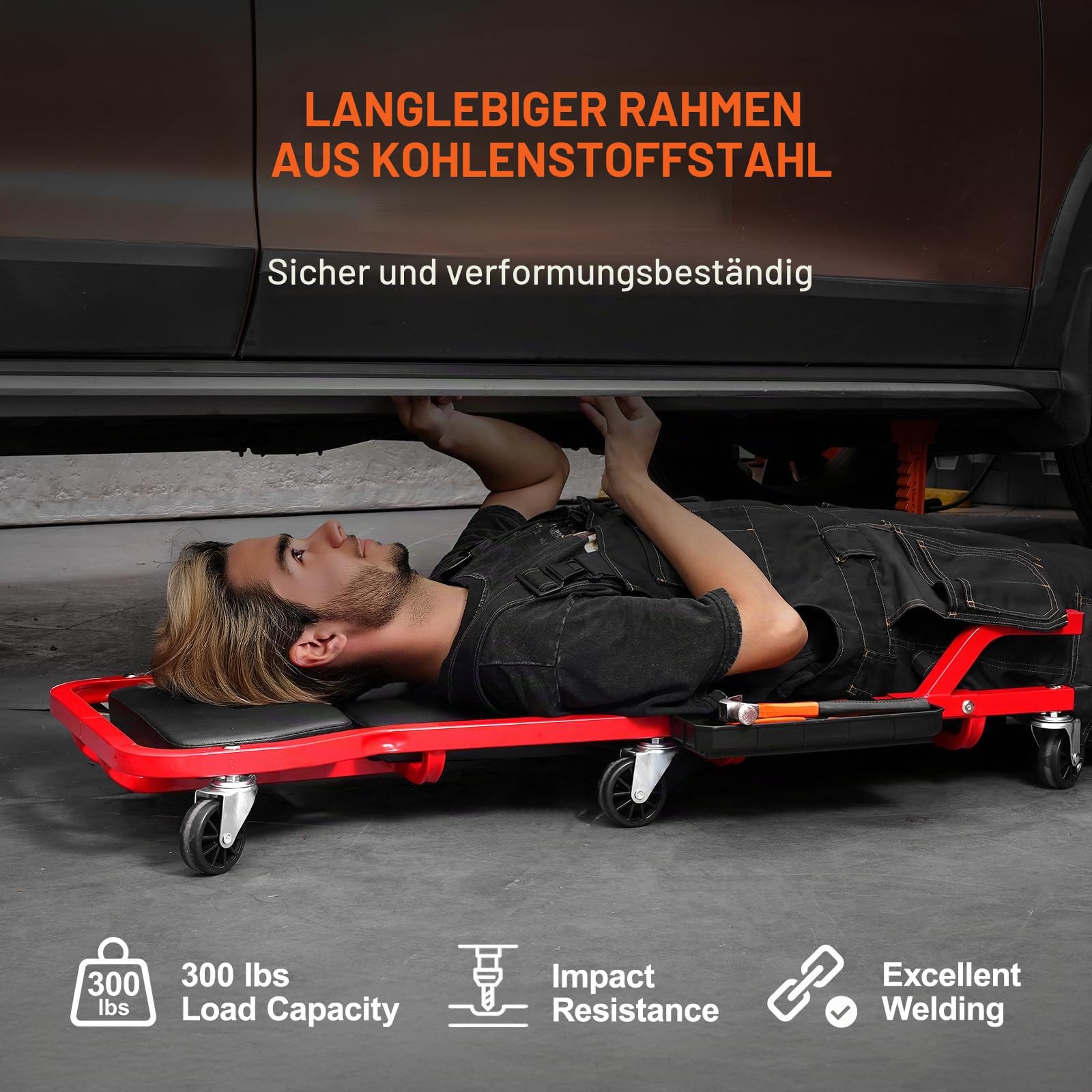 VEVOR Montagerollbrett Werkstatt-Liegewagen 1118 mm, 136 kg Tragkraft Rollbrett für Mechaniker, für Kraftfahrzeuge mit 6 Lenkrollen, Verstellbarer gepolsterter Kopfstütze, Werkstattliege Garagen