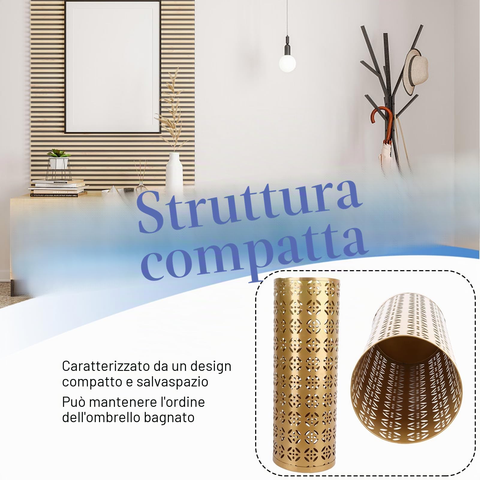 Portaombrelli da interno in metallo, 42x15x15 cm Struttura in rame perforato Portaombrelli in ferro elegante e funzionale per la casa e l'ufficio Mantiene i pavimenti asciutti e in ordine
