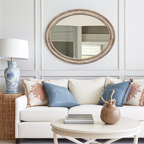 Miniatura 5 de sawsile Espejo de madera ovalado, rústico de 24 x 30 pulgadas, espejos decorativos de madera natural para dormitorio, baño, sala de estar o entrada