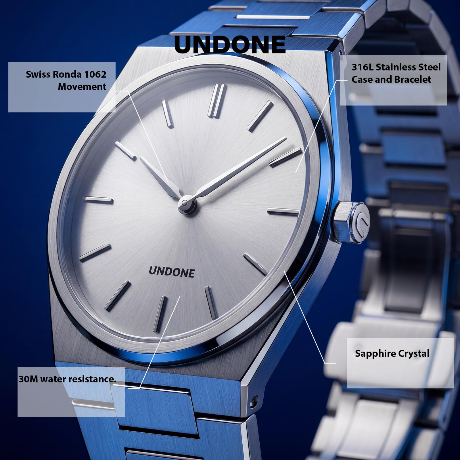 UNDONE Slim – Herrenuhr, Uhren für Herren – 37 mm Edelstahlgehäuse und Armband, Sunray Silver Zifferblatt, Schweizer Ronda 1062 Uhrwerk – Geschenk