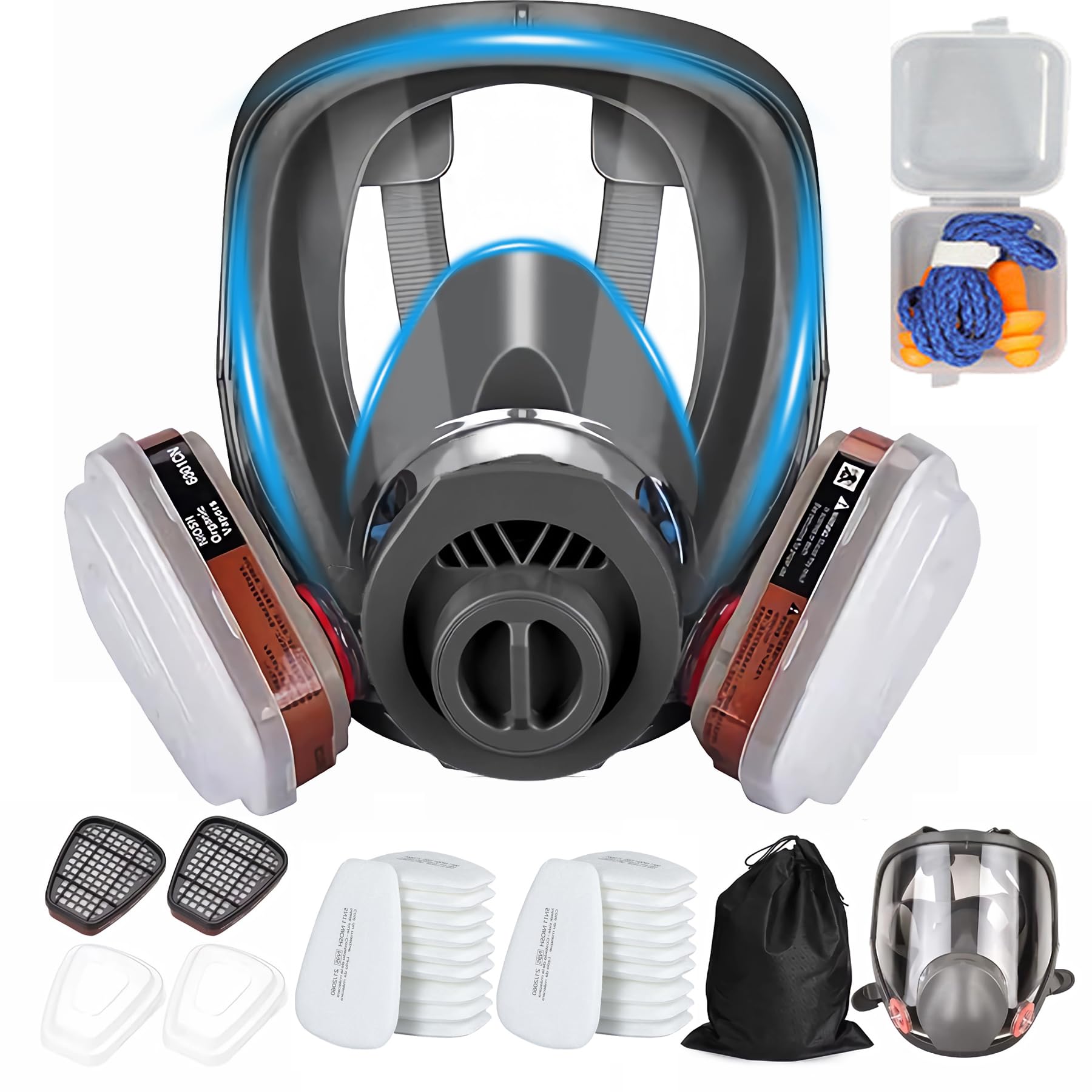 SGIXBE Full Face Respirator Mask, Reusable with Replaceable Filters, Anti-fog, Black, Silicone, for Welding, Spray Painting, Chemical Handling (Full Face + 20 filter cotton)
