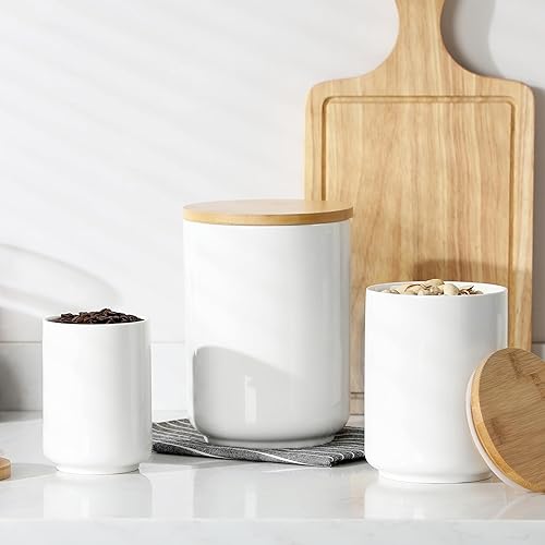 Miniatura 7 de MALACASA Recipiente de café, tarro de almacenamiento de alimentos de porcelana con tapa hermética de bambú, recipientes de almacenamiento de