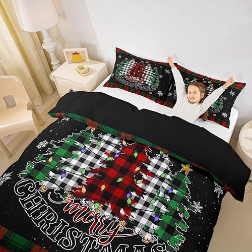 Miniatura 3 de Juego de funda de edredón para niños de Feliz Navidad, tamaño King, juego de ropa de cama con estampado a cuadros rojos, negros y verdes, 3 piezas,