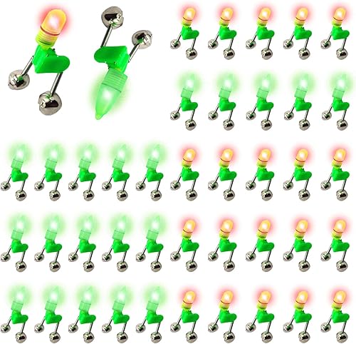 HLOGREE Campana de alarma de cebo de caña de pescar nocturna LED, 30 unids40 piezas con doble anillo de campanas, indicador de pesca, alarma de cebo