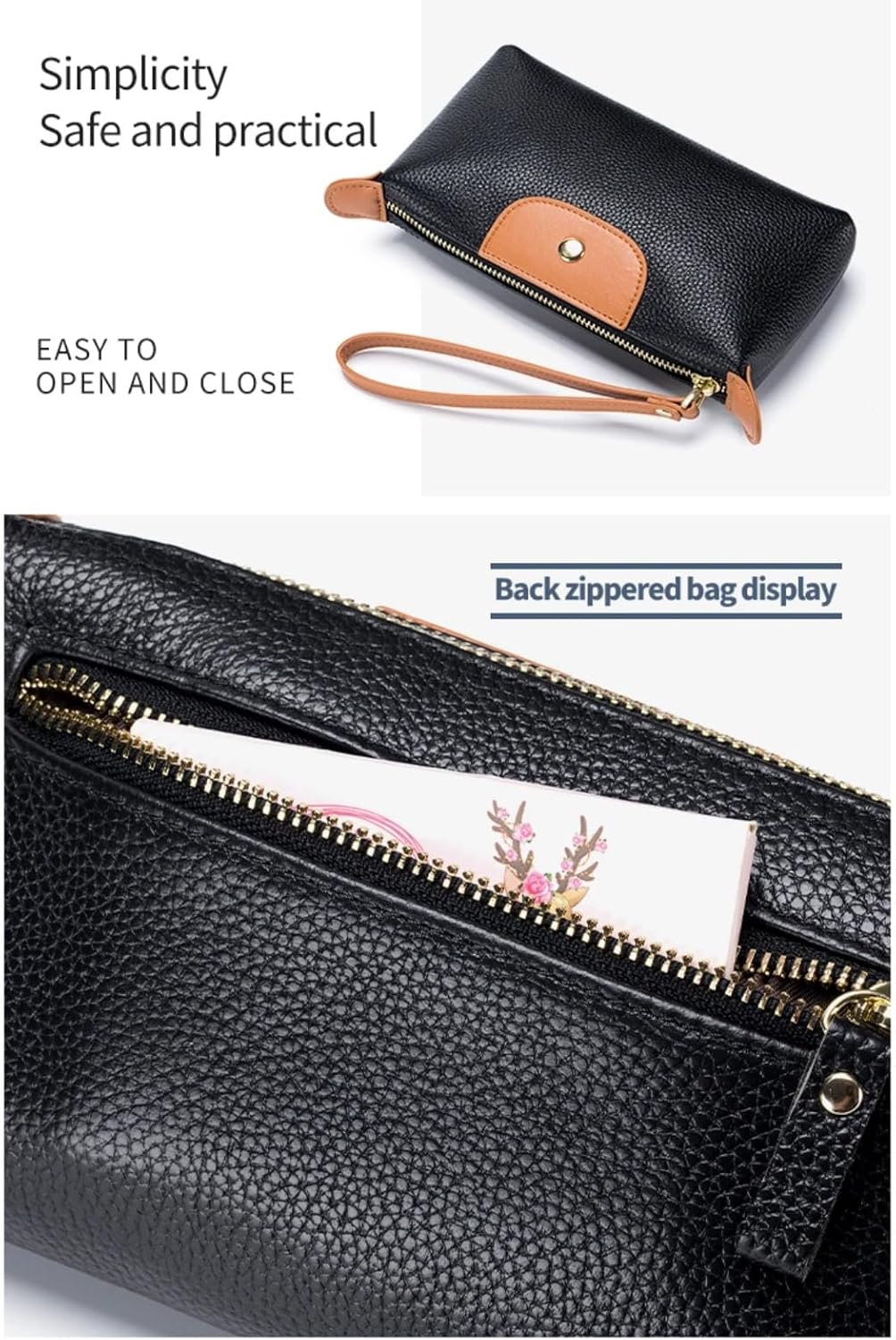 Women Genuine Real Leather Wristlet Wallet Clutch. 2 Zipped Pockets 3 Card Slots Purse (Black)