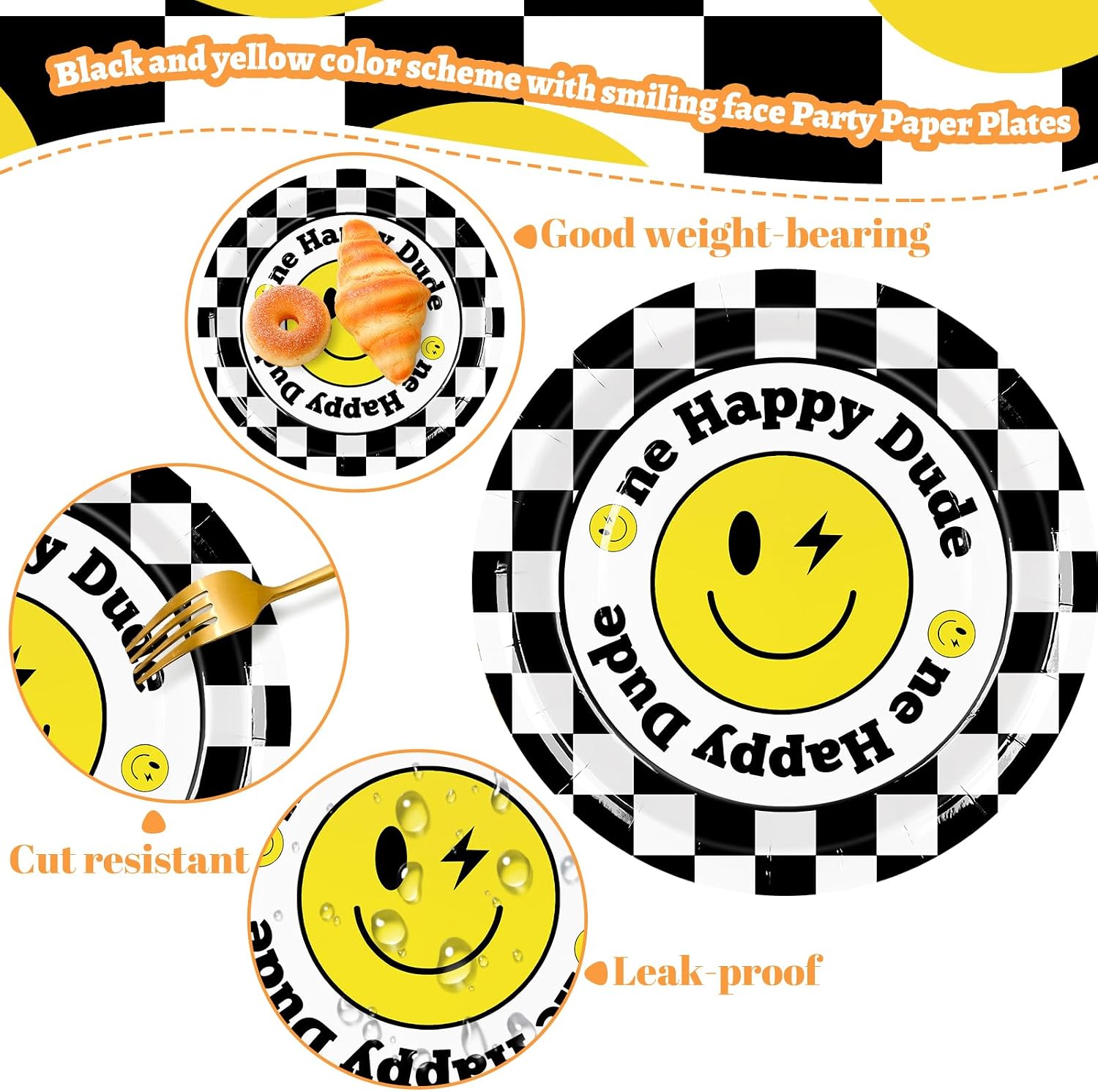 FYSUIMU 32 Pcs One Happy Dude Paper Plates Smile Face Checkered Disposable Plates 9 Inch Preppy Black Yellow Party Tableware for Birthday Picnic Table Decor Supplies, 4 Designs