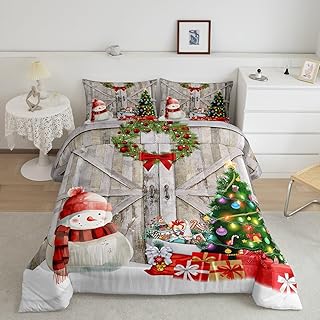 Manfei Christmas Comforter Set Full Size, Snowman Xmas Tree Down Comforter with 2 Pillowcases, Vintage Grey Wooden Door Bedding Set 3pcs for Kids Boys Girls Bedroom Decor New Year Duvet Insert