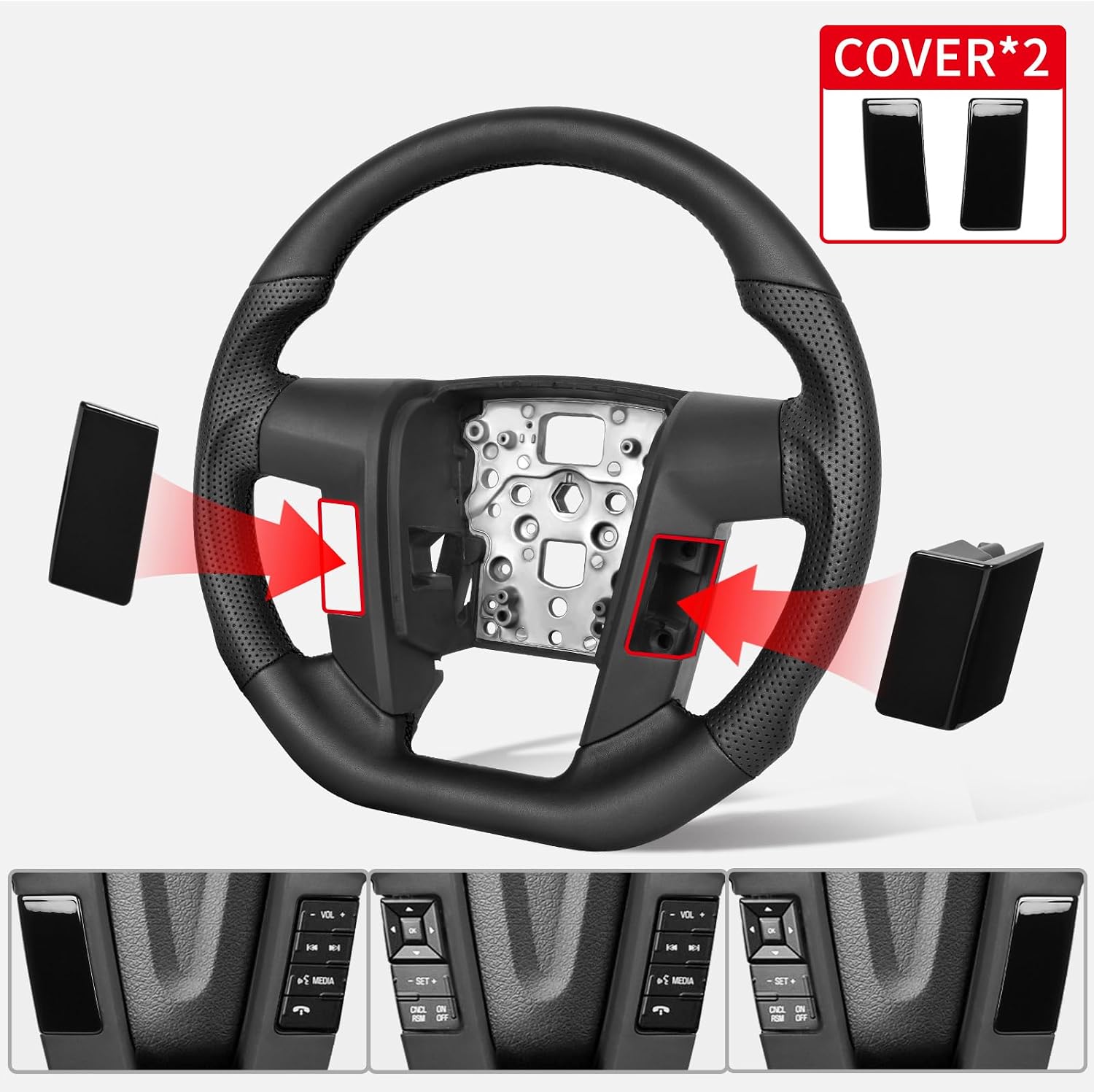 Full Black Leather Steering Wheel for Ford F-150 2009-2014, Fits SVT Raptor XL XLT Lariat FX4 Platinum, Includes Button Block-off Covers, Smooth & Perforated Grip Flat Bottom Replacement