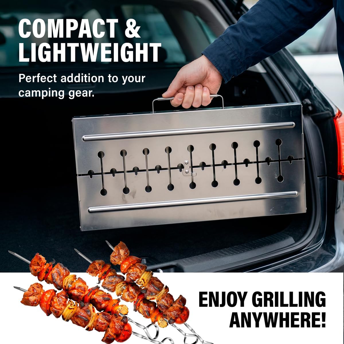Stainless Steel Charcoal Grill for 8 Skewers – Portable BBQ 16.93"×11.81"×21.26" – Foldable Kabob Mangal – Rustproof Shish Kebab Grill for Outdoor Cooking (Skewers Not Included)
