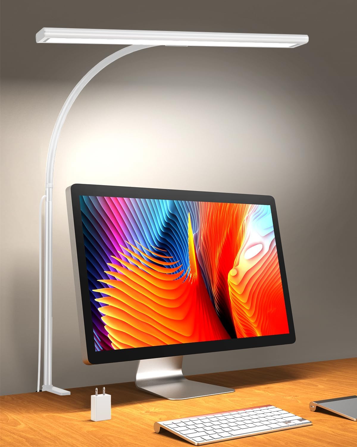 iFalarila Clamp Desk Lamp with Adjustable Brightness, Eye-Caring LED, Rotatable Head, USB Powered, Space-Saving Design for Office, Reading, Work, and Home Desktop Lighting - White