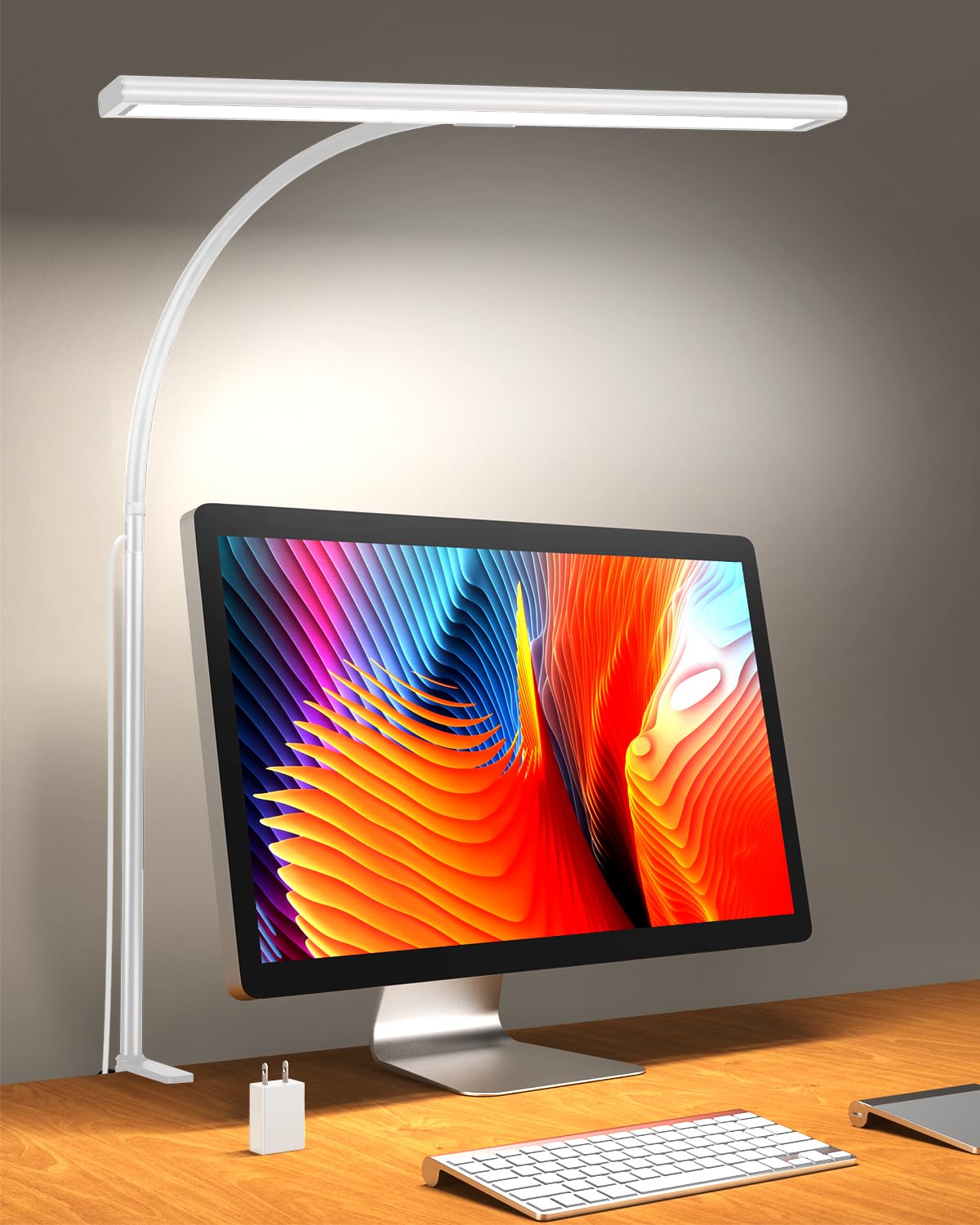 Clamp Desk Lamp with Adjustable Brightness, Eye-Caring LED, Rotatable Head, USB Powered, Space-Saving Design for Office, Reading, Work, and Home Desktop Lighting - White