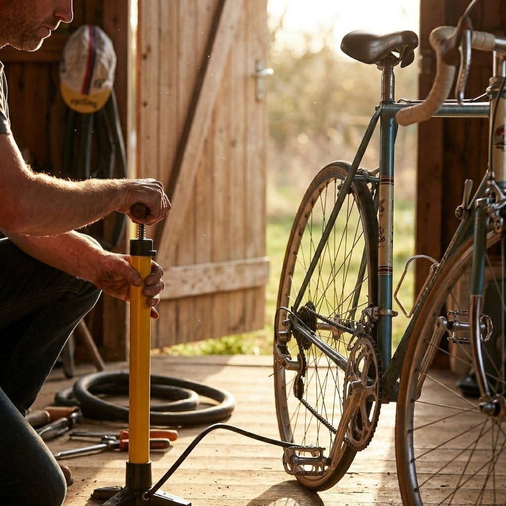Pompa da Bici a Pavimento 3 Piedi con Raccordo in Ottone | Pompa Officina Tubolare in Metallo