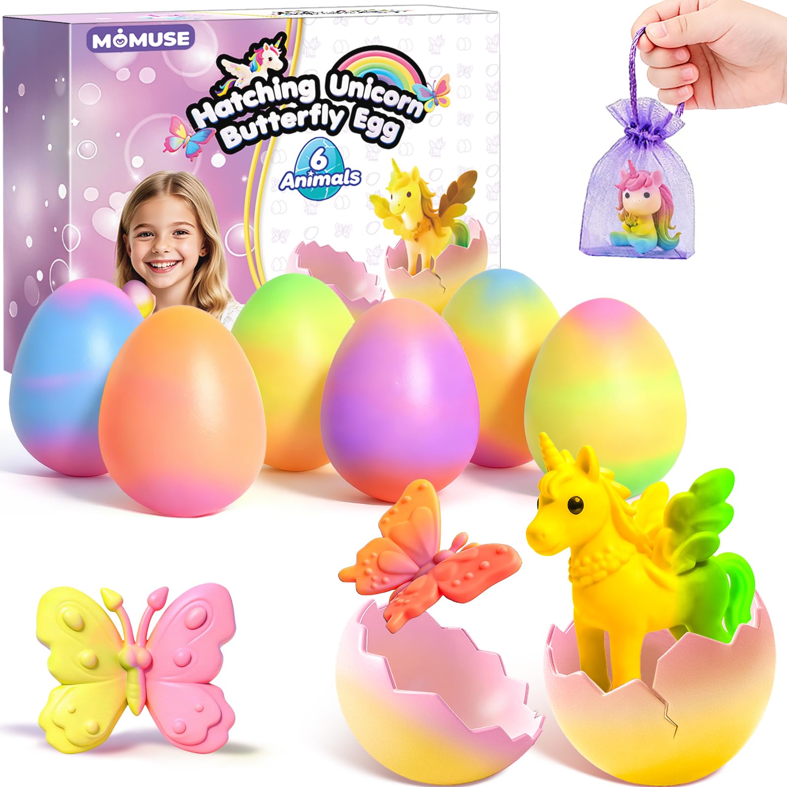 MOMUSE Huevo de Unicornio para Niños 6 PCS, Kit de Manualidades, Regalo Niñas 4 Años, Regalos de Pascua, Regalos para Fiestas de Cumpleaños Niñas Niños 3 4 5 6 7 8 Años