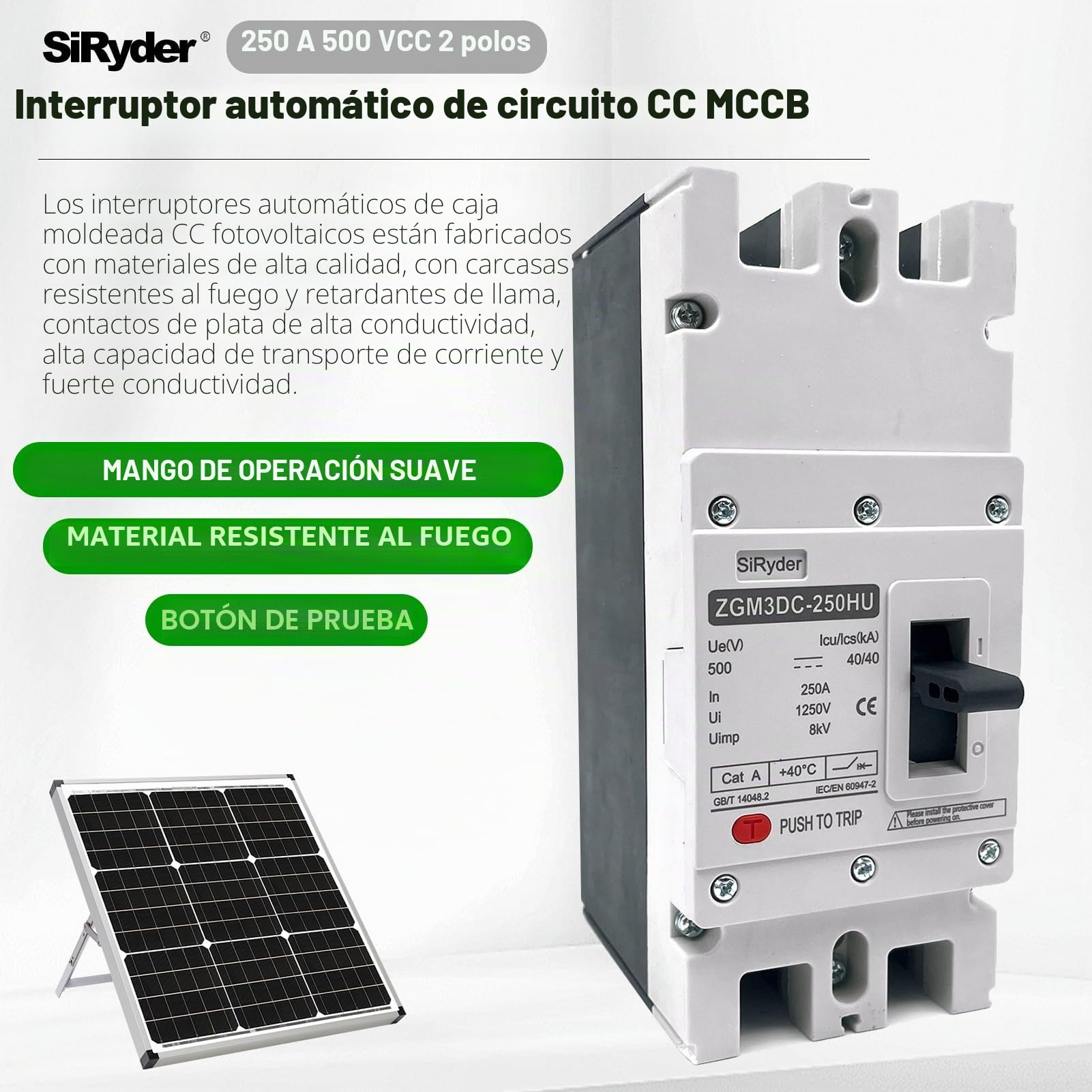 Disyuntor MCCB,2P Disyuntor de Caja Moldeada Interruptor Fotovoltaico 2P 500V 250A MCCB - Disyuntor de Circuito de CC Adecuado Para Sistemas Fotovoltaicos
