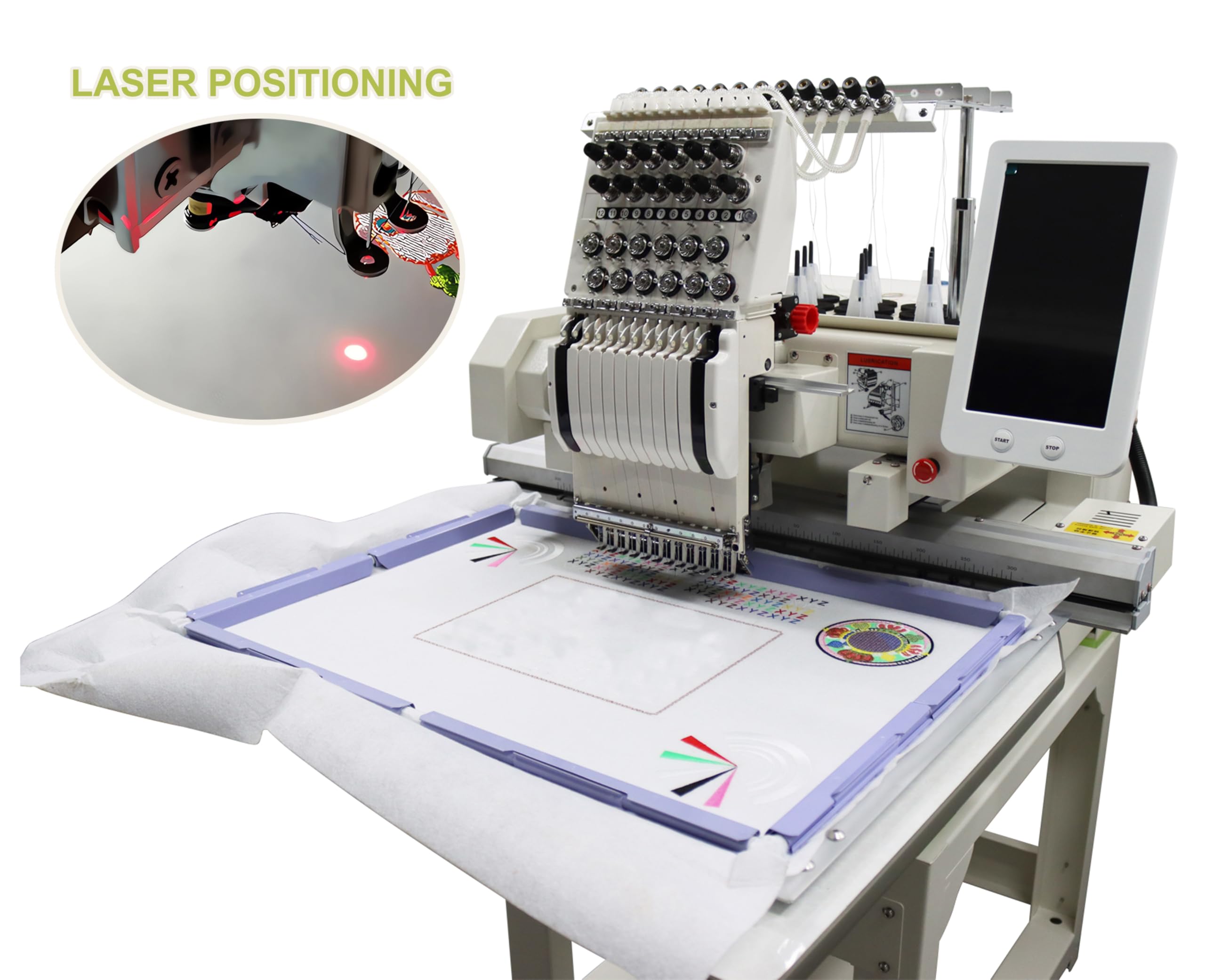 TECHTONGDA Commercial Embroidery Machine 12 Needles 15”x23” Embroidery Area with Laser Positioning and 10inch LCD Screen Embroiderer Pattern for Hats T-Shirts Hoodies Bags