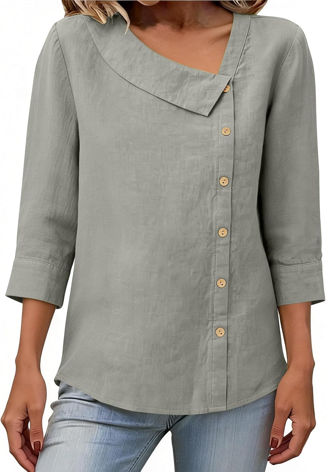 Womens Button Down Shirts 3/4 Sleeve Cotton Button Up Shirt Linen Asymmetric Neck Casual Loose Tops Gauze Blouses