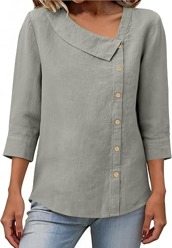 Linen Shirts for Women Fashion V Neck Button Tops 2026 Spring Summer Trendy 3/4 Sleeve Shirts Loose Fit Blouses