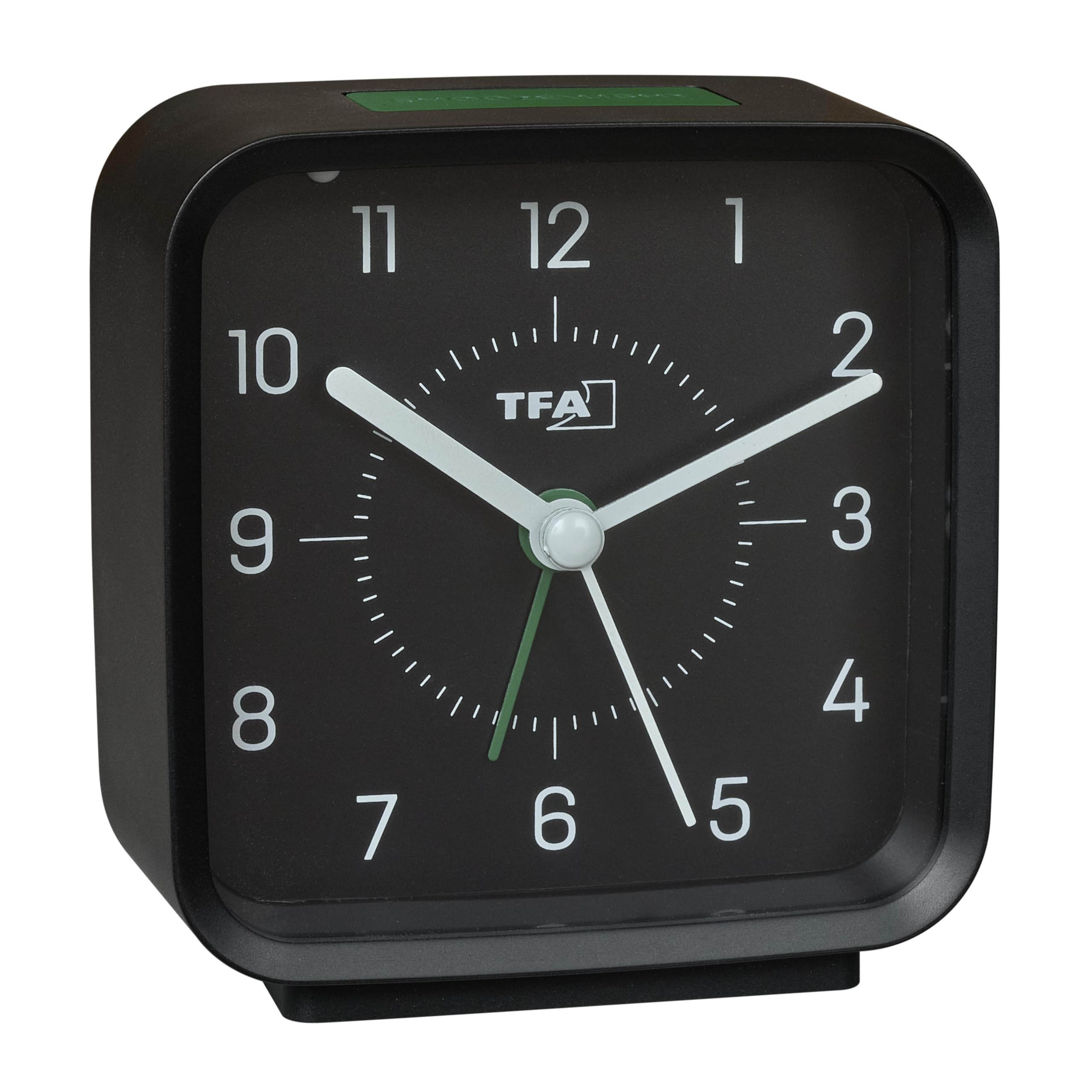 TFA Dostmann 60.1044 Non-Ticking Analogue Alarm Clock with Sweep Movement Alarm Easy to Read for Bedside Table Modern Includes Light with Snooze Function Black/Green