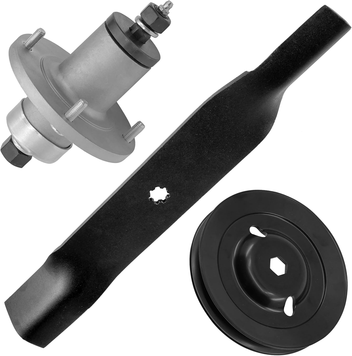 Caltric 38" Deck Spindle with Pulley & Blade Compatible with John Deere X300 AM136733 AM143469 UC26511 M151720 M153118 AM137324 AM141041