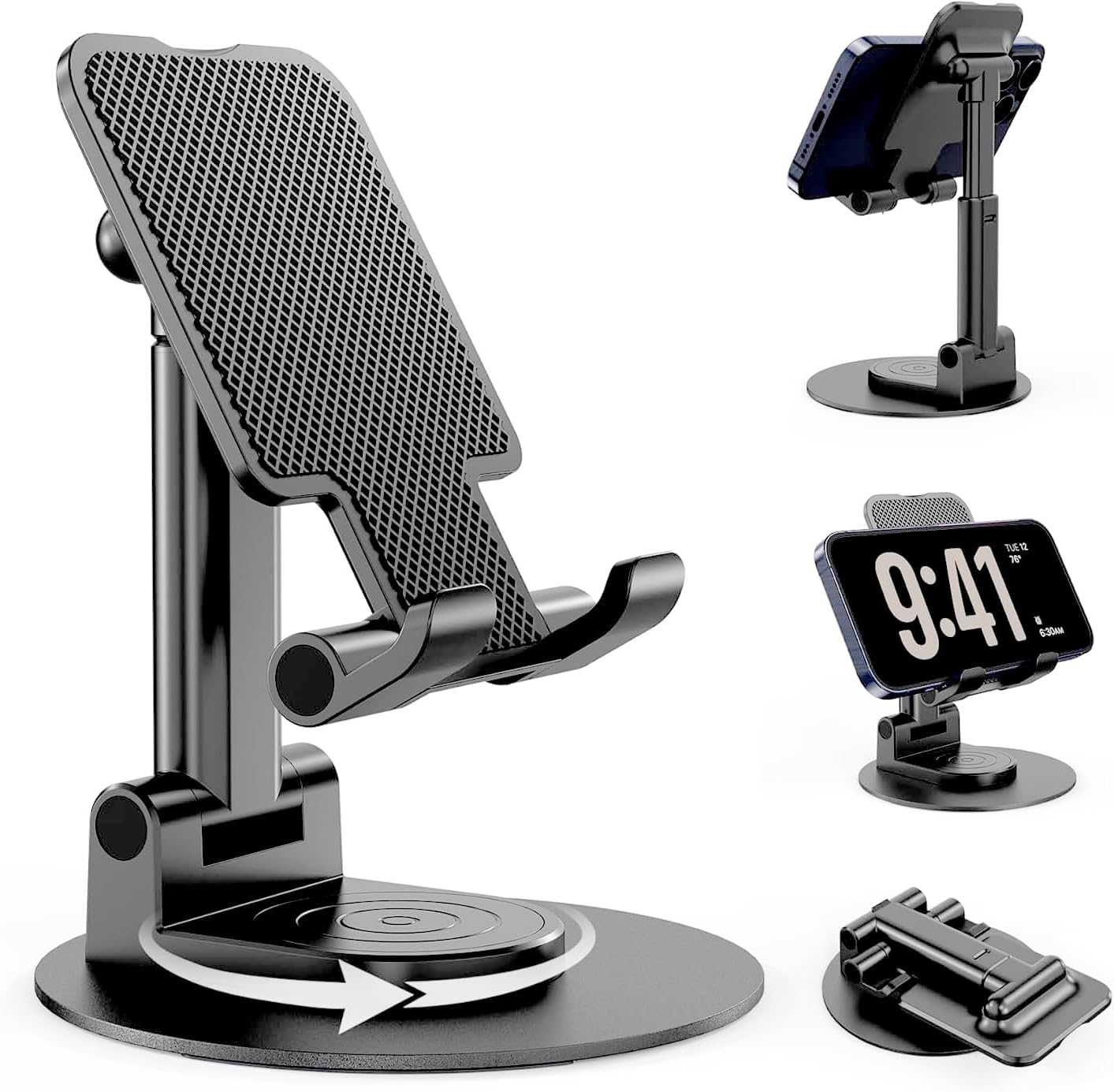 BHHB Support Téléphone, Support Telephone Bureau Porte Telephone Pliable, Support iphone avec Rotatif à 360° Compatible iPhone Samsung Huawei iPad Mini Tous Les Smartphones - Noir