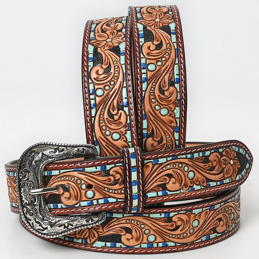 American Darling Beautifully Hand Tooled Tan Genuine Leather Belt Men and Women Western with Removable Buckle