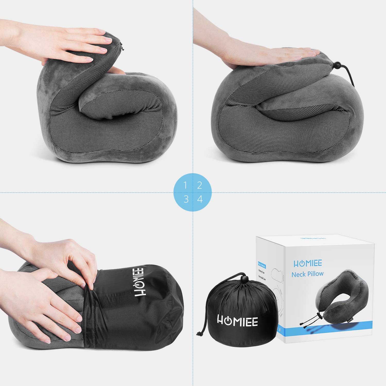 HOMIEE Cuscino da Viaggio Memory Foam, Cuscino Cervicale da Viaggio Tightness Regolabile Cuscini Collo per Treno Aereo Ufficio e Domestico Con maschera per occhi e inserti per orecchie