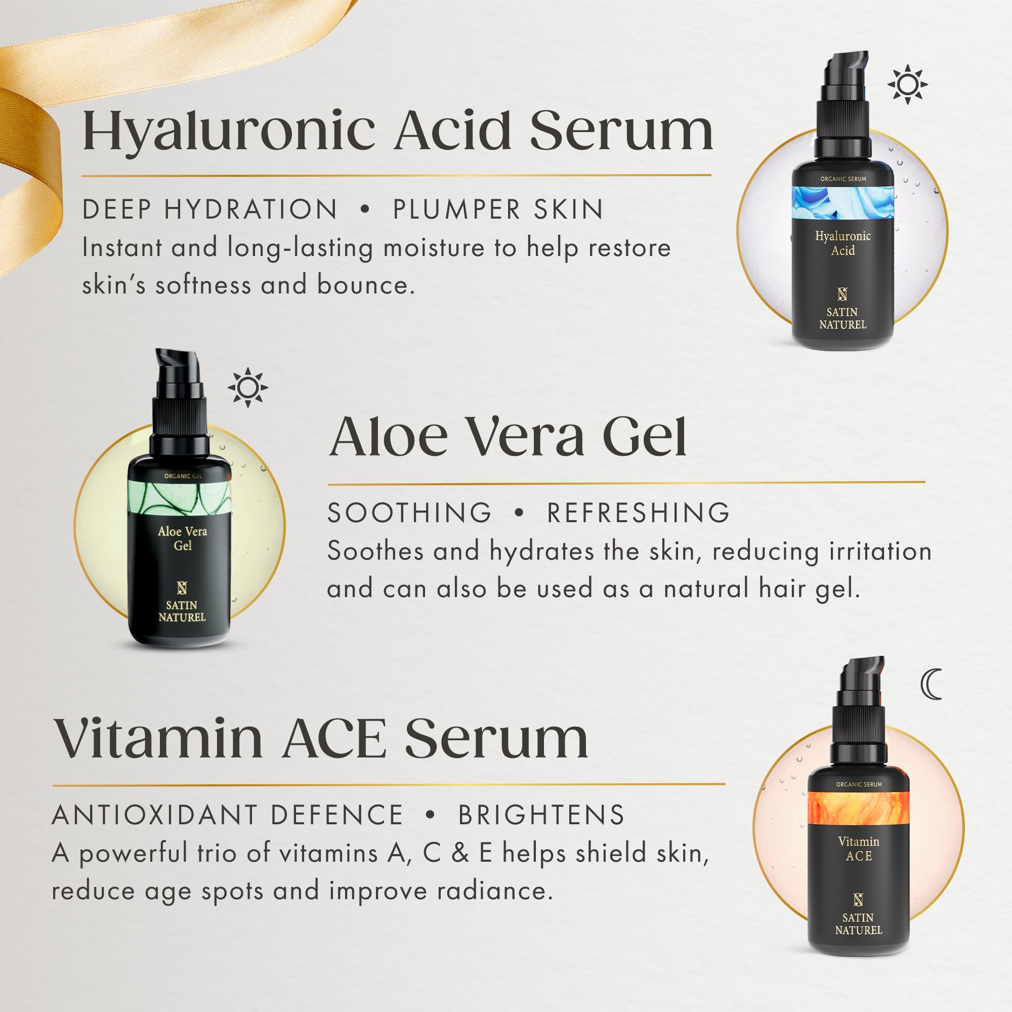 Organiczny zestaw podarunkowy przeciwstarzeniowy - 5x30 ml - pielęgnacja skóry z anty -łzwanu hialuronowego serum, krem ​​nocny, żel aloesowy, olej arganowy, surowica z witaminą