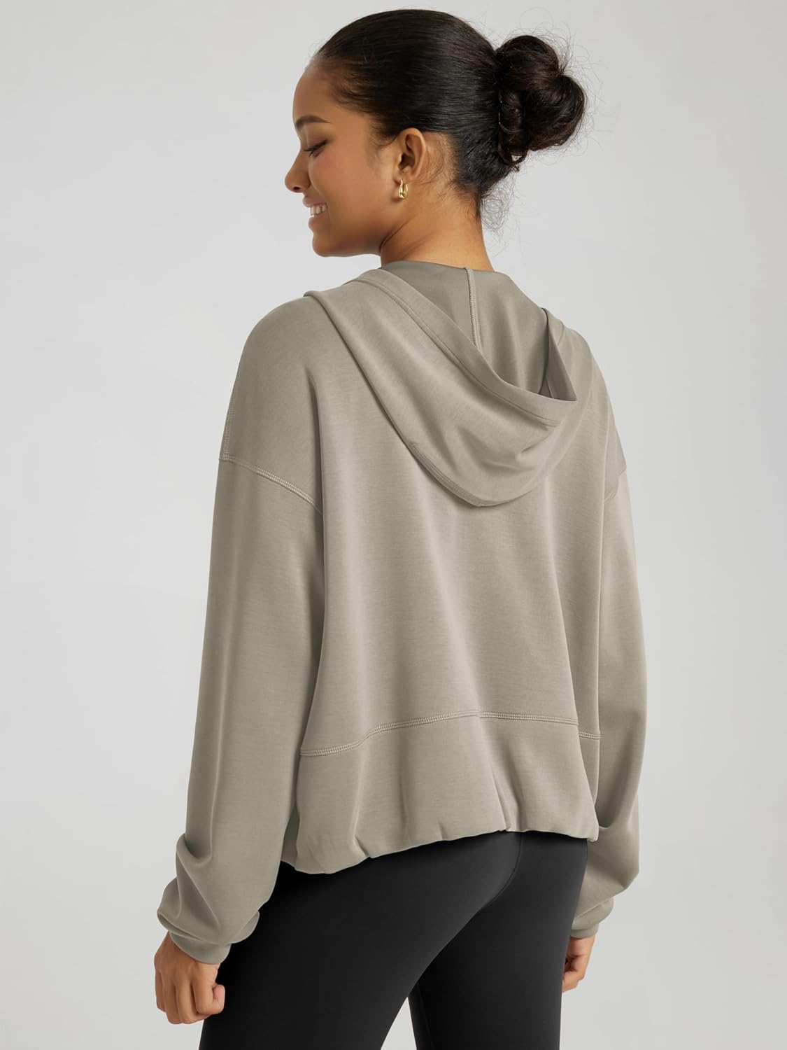 ODODOS Women's Modal Soft Full Zip Hoodie Gathered Hem Long Sleeve Casual Oufit Hooded Jacket with Pockets - Image 4