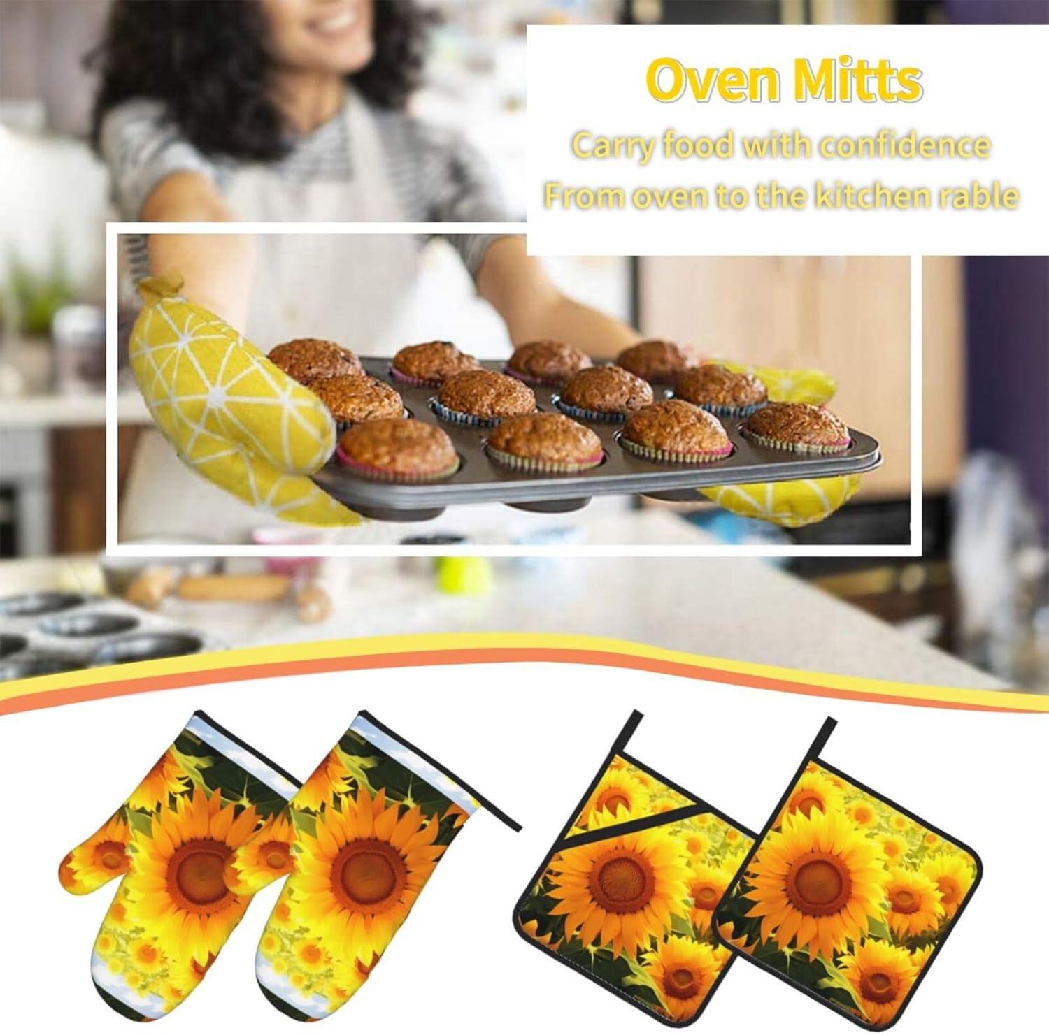(Yellow Sunflower) Baking 4-Piece Set: 2 Oven Mitts and 2 Pot Holders Heat Resistant Waterproof Hanging Loop for Kitchen Oven Grill Housewarming Gifts