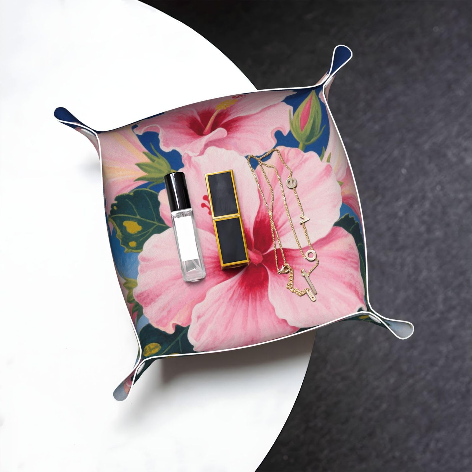 Blooming Hibiscus Valet Tray Organizer Pu Leather Travel Catchall Tray Organizer Portable Jewelry Tray Storage Keys Tray for Entryway Table Coins Watches Candy