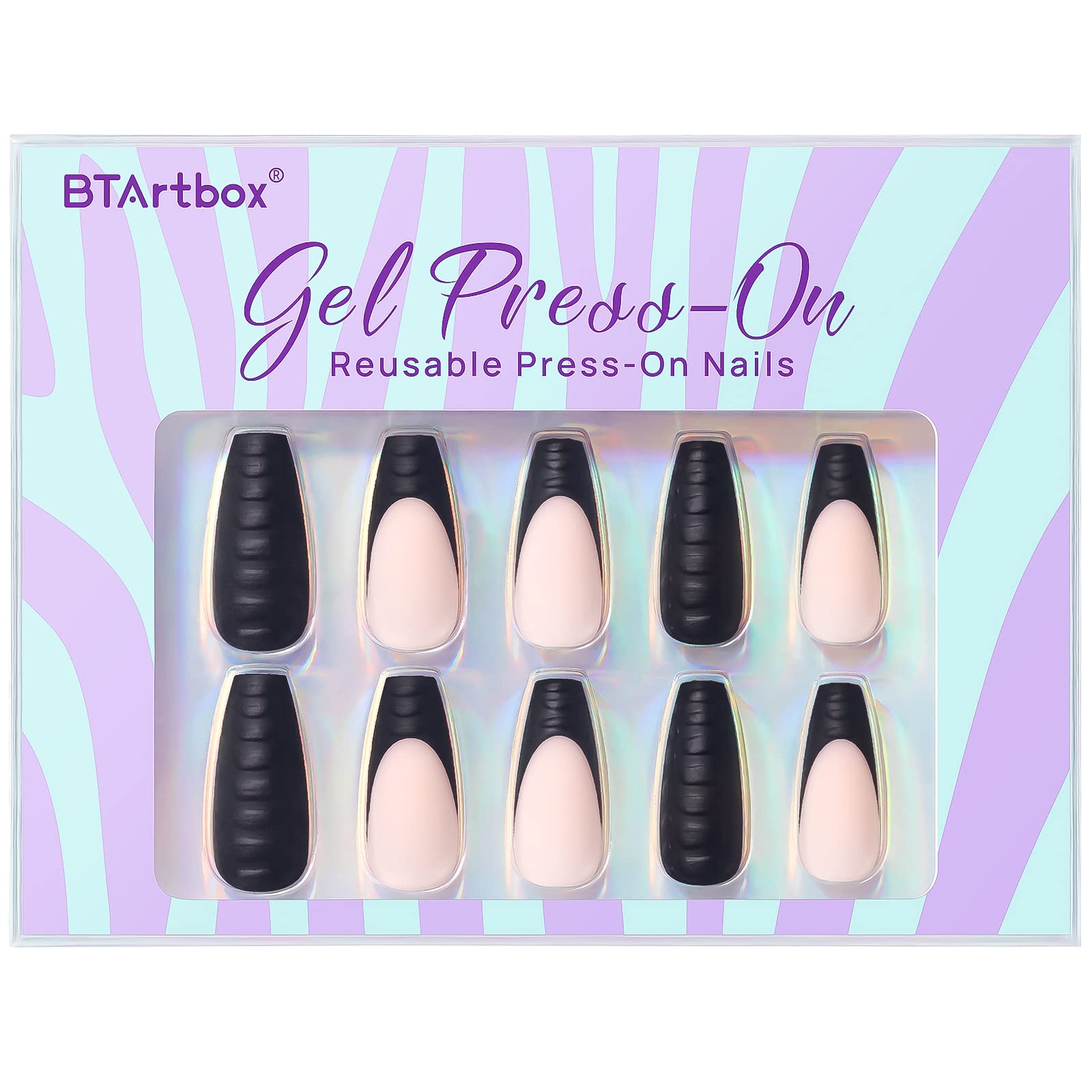 Press On Nails Medium - BTArtbox Supremely Fit & Natural Soft Gel French Tip Press On Nails, Coffin Glue On Nails with Nail Glue, Reusable Stick On Nails in 15 Sizes - 30 Fake Nails Kit, Black Crocodile