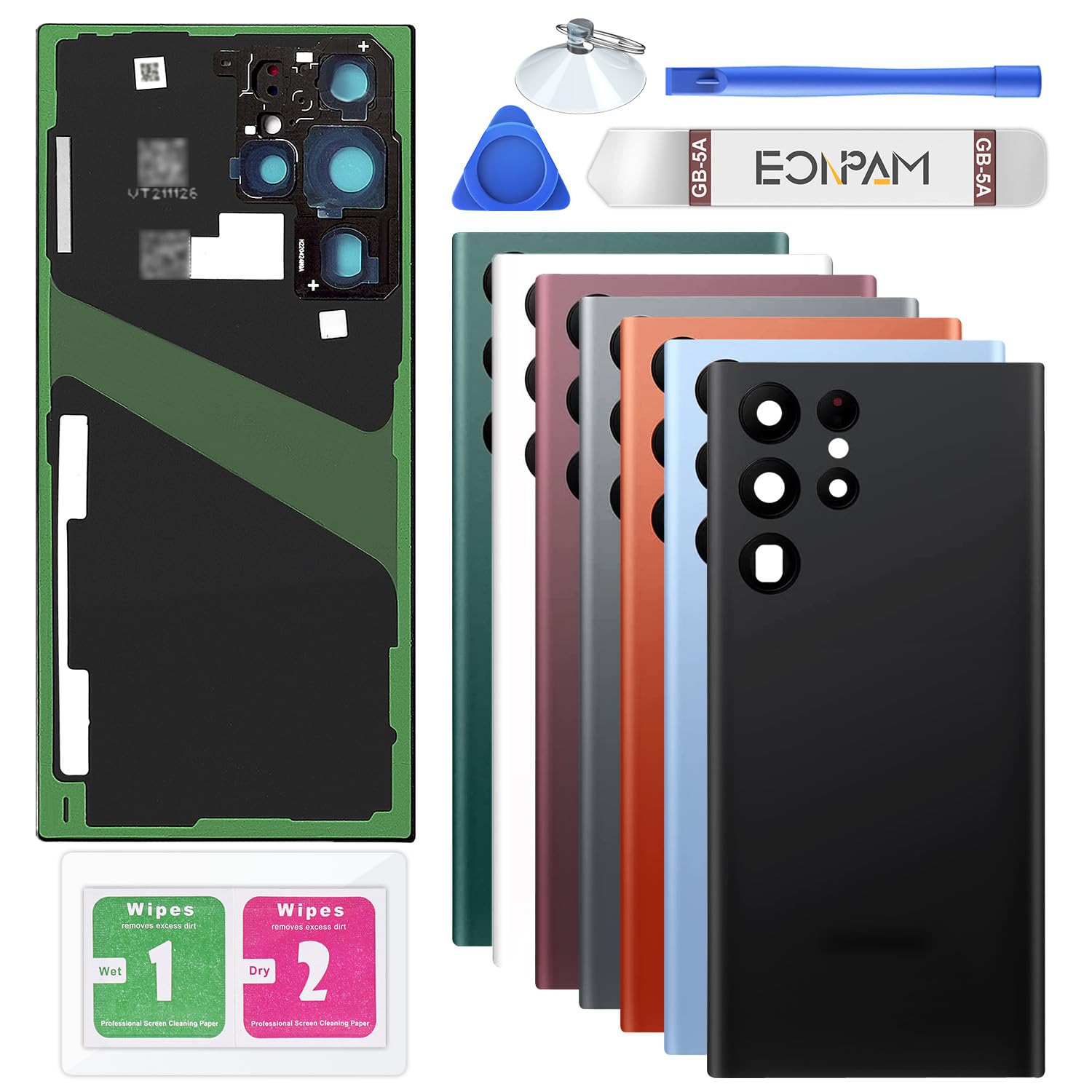 Photo 1 of Eonpam Back Glass Replacement for Samsung Galaxy S22 Ultra 5G SM-S908 Back Cover Rear Housing with Camera Lens + Repair Tool Kit Genuine Rear Glass (Black)