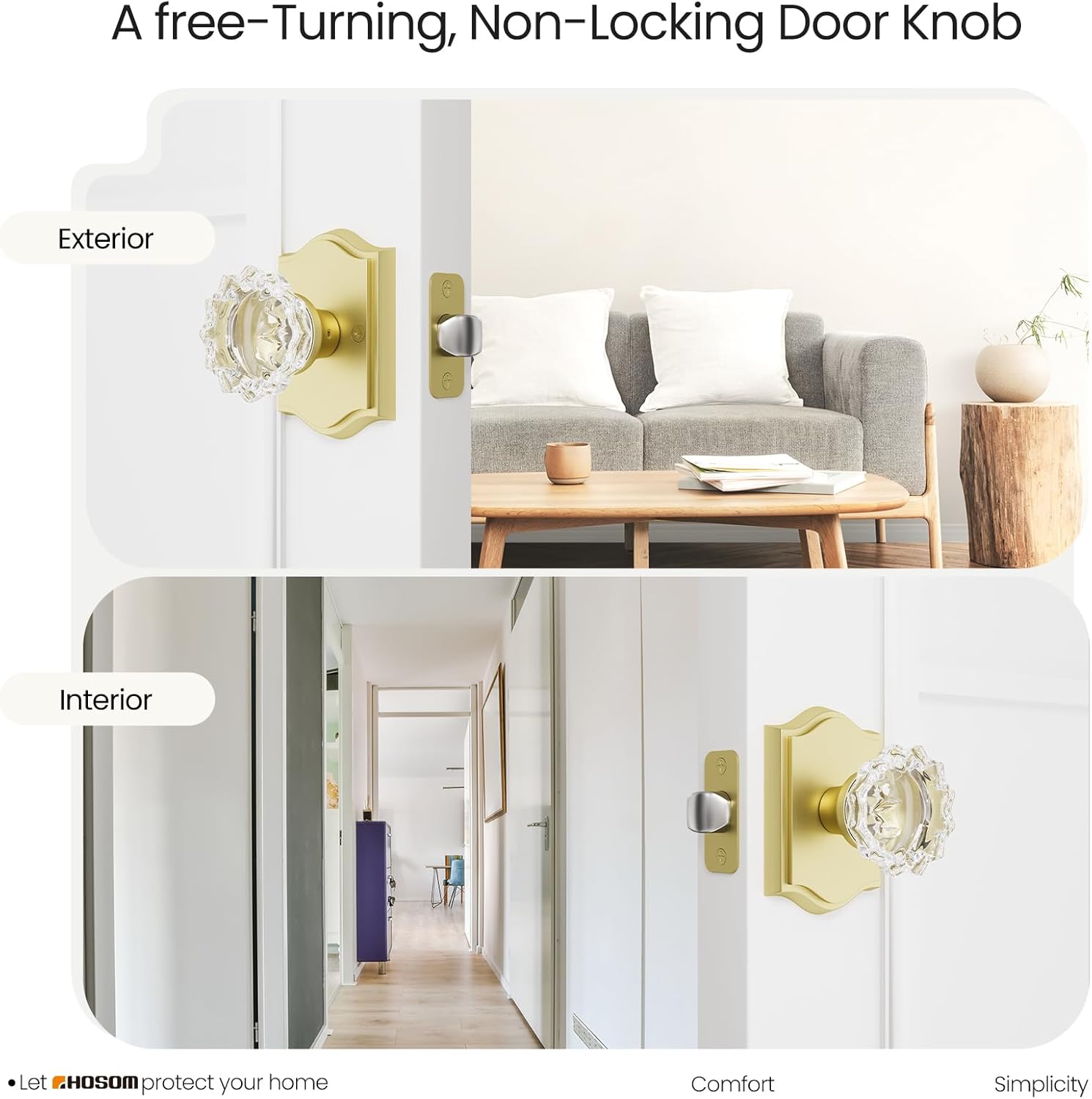 HOSOM Glass Door Knob Interior, Crystal Passage Door Knobs for Hallway Closet, Keyless No Locking, Gold Satin Brass Finish