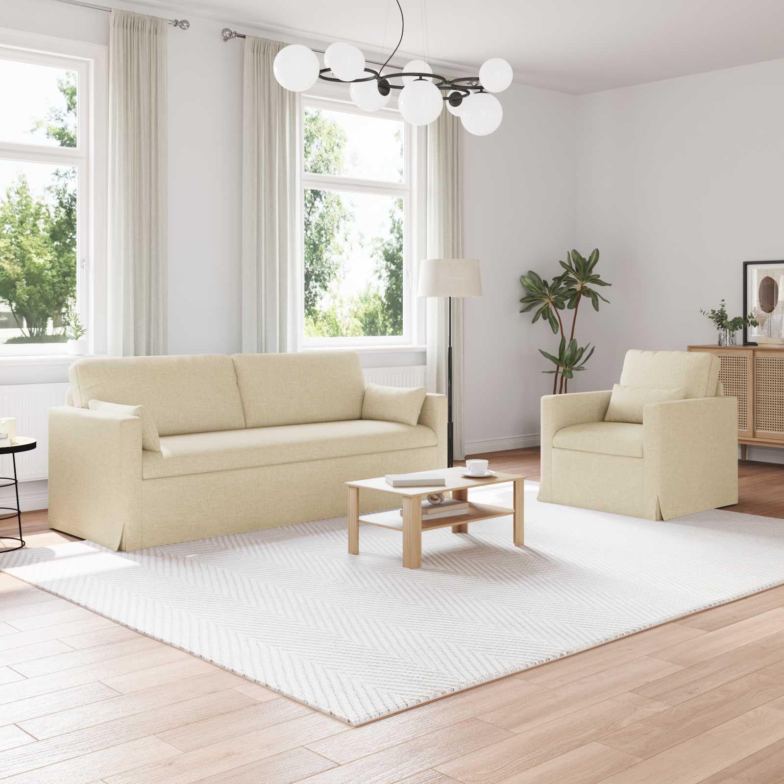 Moderno set di 2 divani modulari in tessuto, color crema, 198 x
