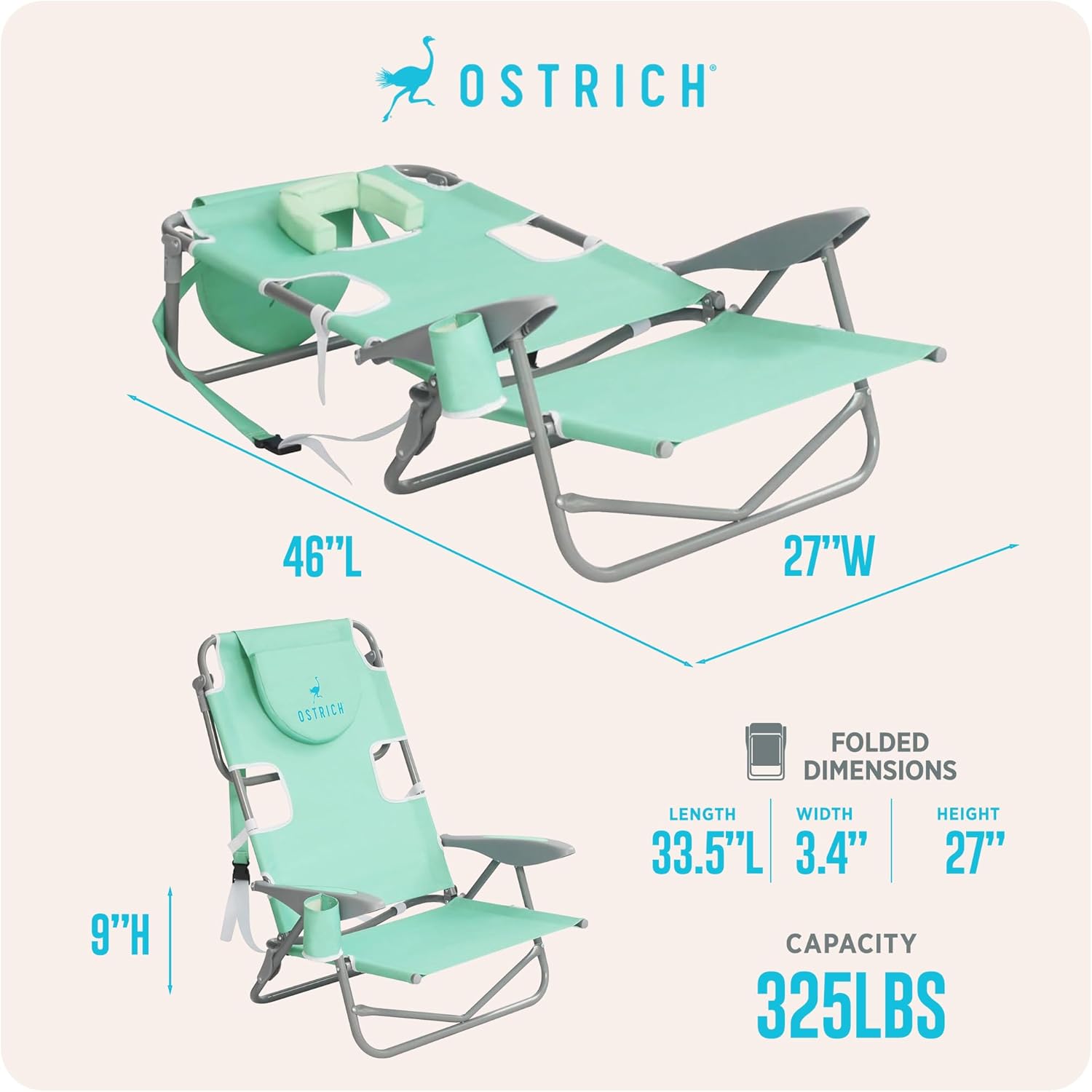 Ostrich the Heavy-Duty Backpacker, Portable Beach Chair with Face Hole, Adjustable Lounge Chair with Face Opening, Cup Holder, & 325lb Capacity, Teal