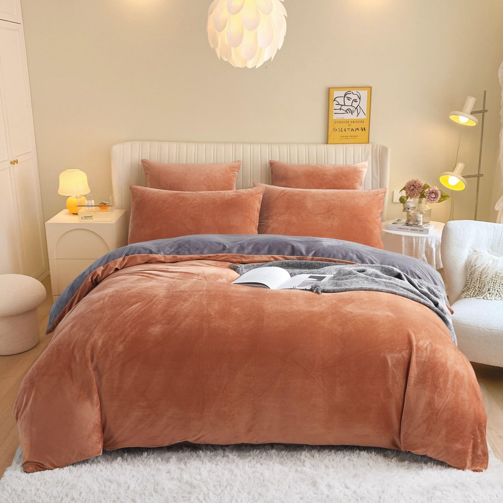 Freyamy Plüsch Bettwäsche 220x240cm Winter Karamell Grau Flanell Winterbettwäsche Samt Biber Cashmere Touch Flauschige Deckenbezug Warme Bettbezug mit Reißverschluss und 2 Kissenbezug 80x80cm Küche, Haushalt & Wohnen
