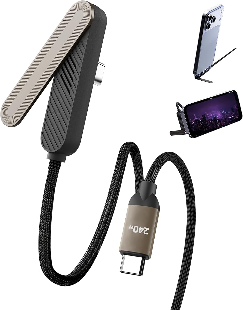 240W invisible holder charger cable, USB C to USB C, for thick phone cases | 5FT Invisible Stand Charging Cable, Extended Type-C Connector,2-in-1 Stand Cable,90° angle for gaming, braided