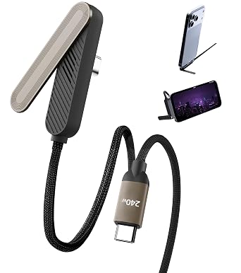 [2026 Upgrade] Invisible Holder Charger Cable,USB-C to USB-C Cable with 360 Adjustable Metal Stand, 5ft Extended Type-C Connector for Thick Cases,2 in 1 Holder Charger for Gaming,Office and Home.