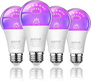 EDISHINE 4 Pack Black Light Bulb, A19 120V 9W UV Blacklight Bulbs, UVA Level 385-400nm & E26 Base, LED Black Light Bulb for Halloween Blacklight Party, Body Paint, Fluorescent Poster, ETL Listed