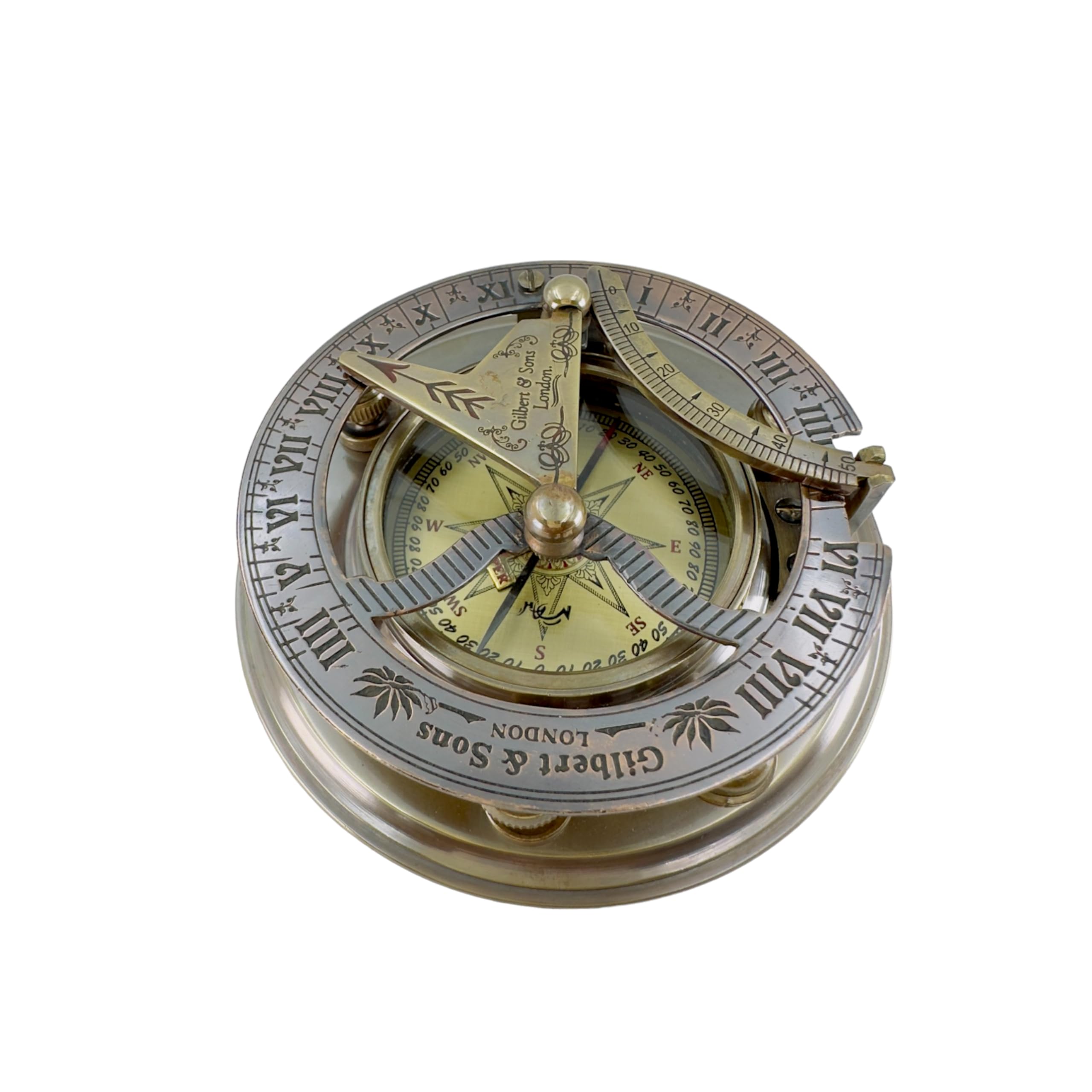 Maritime Museum Store Prezent urodzinowy Kompas z litego mosiądzu z zegarem słonecznym w dopasowanym skórzanym pudełku patyna antyczna