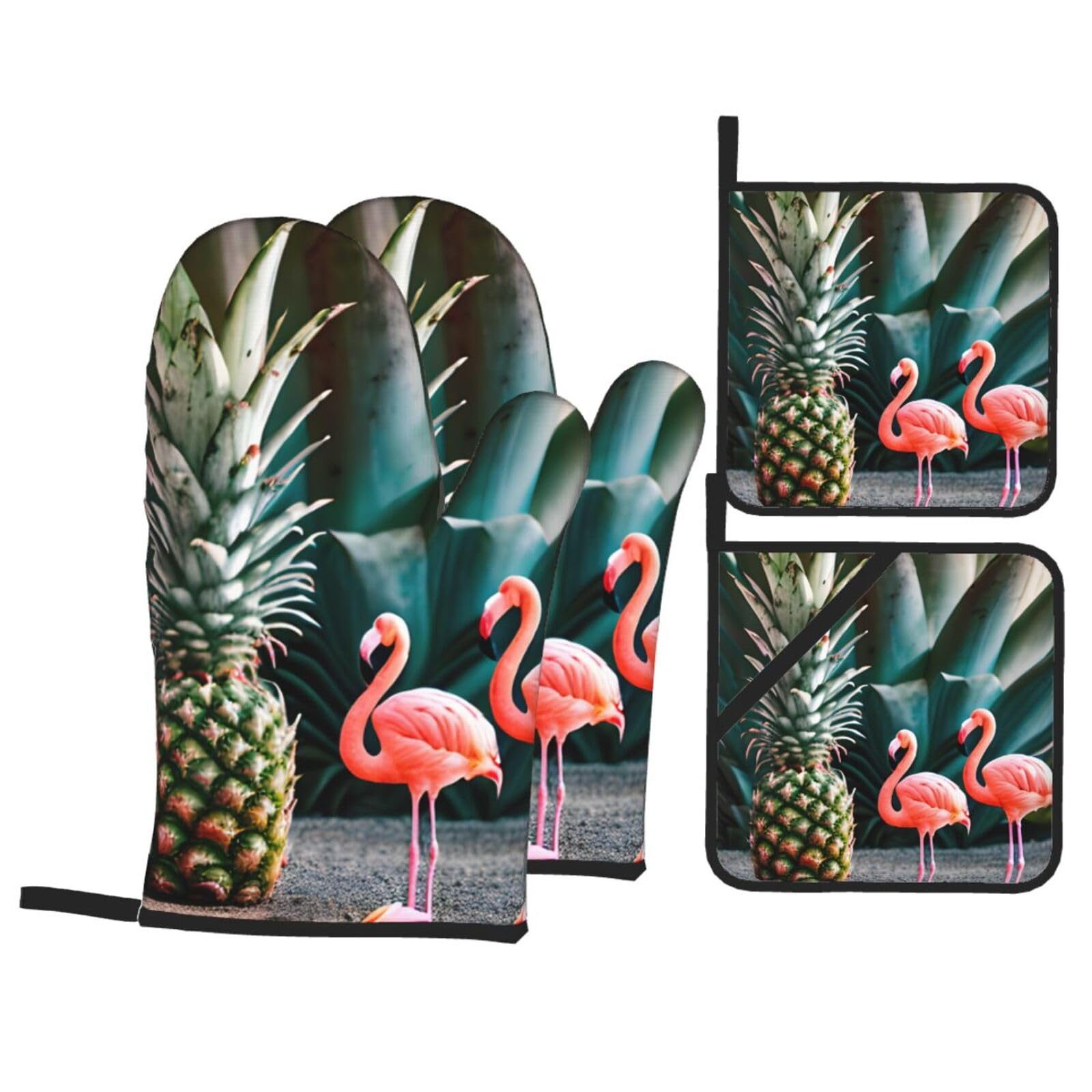 Pineapple Flamingo Print 4-Piece Oven Microwaving Set Kitchen Gloves for Holiday Cooking Baking Grilling